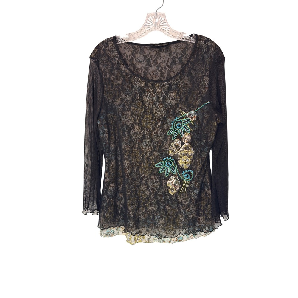 Womens Fishnet Floral Lace Beaded Long Sleeve Top Whimsigoth Casual Indie XL